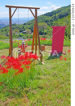 福岡県苅田町等覚寺地区の棚田にあるブランコとドア 110780614