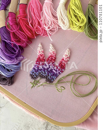 embroidery of flowers in French knot technic, canvas, threads mouline and needle 110781101