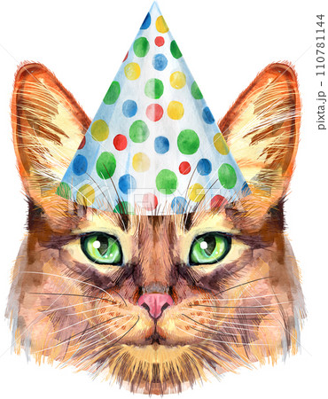Lovely closeup portrait in pastel colors of Somali cat. Hand drawn watercolor painting on white background 110781144