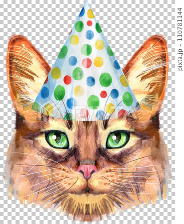 Lovely closeup portrait in pastel colors of Somali cat. Hand drawn watercolor painting on white background 110781144