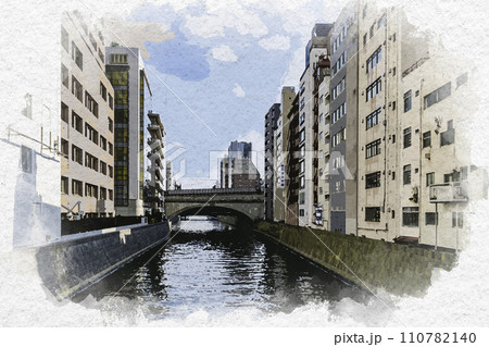 水彩画風　秋葉原　万世橋から眺める神田川　東京都千代田区 110782140