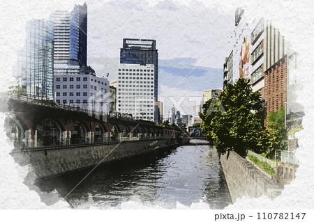 水彩画風　秋葉原　万世橋から眺める神田川　東京都千代田区 110782147