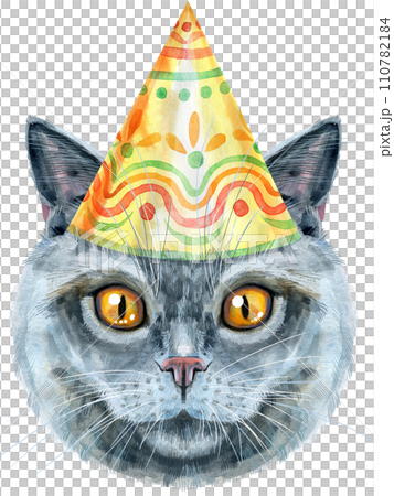 Lovely closeup portrait in pastel colors of British Shorthair in the classic color blue cat breed. Hand drawn watercolor painting on white background Lovely closeup portrait in pastel colors of British Shorthair in the classic color blue cat breed. Hand drawn watercolor painting on white background 110782184