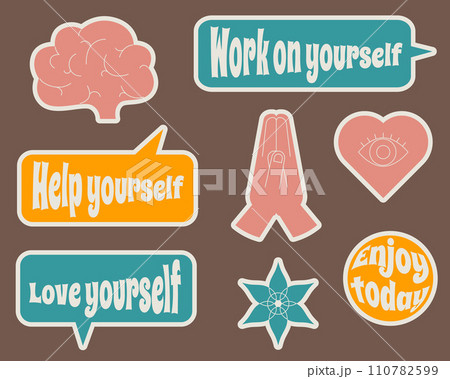 A set of colored stickers with motivational quotes in retro style. Vector. 110782599