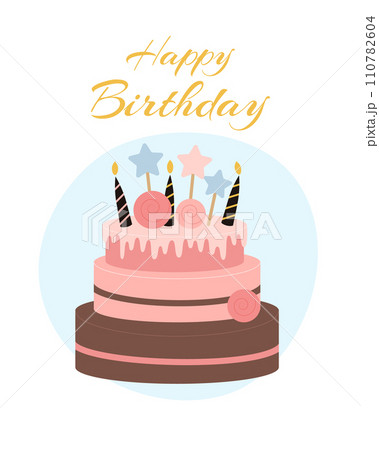 Greeting card with a cake decorated with candles. Greeting card with a cake decorated with candles. 110782604