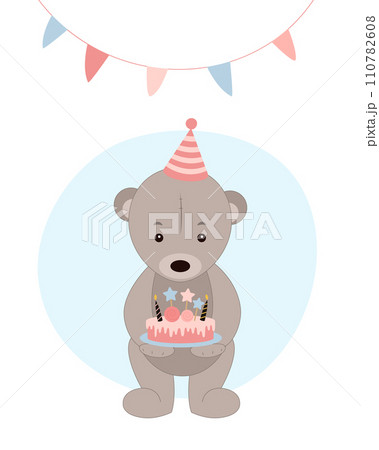 A cute teddy bear holds a birthday cake in its paws. Vector illustration. 110782608