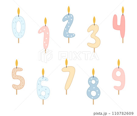 Candles numbers from 0 to 9 for decorating birthday cakes and cupcakes. Vector illustration for the design of cards, posters, web design on a white background. 110782609