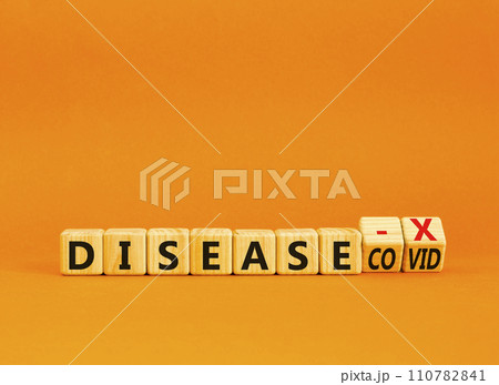 Disease X after covid symbol. Turned cubes and changed the word Disease COVID to Disease X. Beautiful orange table orange background. Medical, Disease X after covid concept. Copy space. Disease X after covid symbol. Turned cubes and changed the word Disease COVID to Disease X. Beautiful orange table orange background. Medical, Disease X after covid concept. Copy space. 110782841