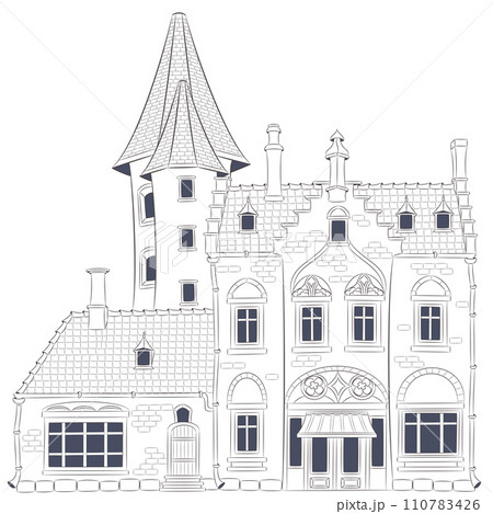 Vector drawing of a traditional old stone house with towers isolated on a white background. 110783426