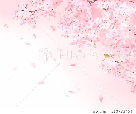 かわいい薄いピンク色の桜の花とウグイスー花びら春の水彩風フレーム背景素材イラスト かわいい薄いピンク色の桜の花とウグイスー花びら春の水彩風フレーム背景素材イラスト 110783454