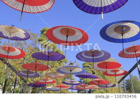 快晴の青空を背景に笠間稲荷の参道に浮かぶ色とりどりの和傘 快晴の青空を背景に笠間稲荷の参道に浮かぶ色とりどりの和傘 110783456