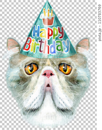 Lovely closeup portrait in pastel colors of Exotic Shorthair cat breed. Hand drawn water color painting on white background 110783769