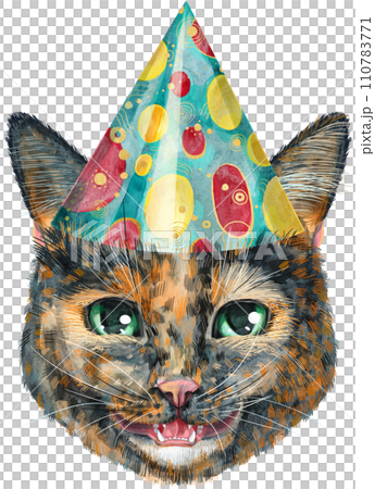 Lovely closeup portrait of Short-haired tortoiseshell cat. Hand drawn watercolor painting on white background 110783771