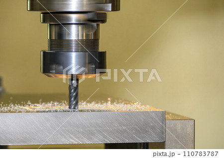 The plunge cutting  process on NC milling machine with flat end mill tools. 110783787