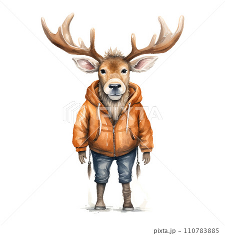 cartoon Caribou with antlers , on a white background , sweaters and boots, in the style of soft watercolor 110783885