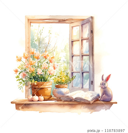 Spring windowsill landscape scene with Spring objects like books, vase with flowers, bunny cottage ore look Spring windowsill landscape scene with Spring objects like books, vase with flowers, bunny cottage ore look 110783897