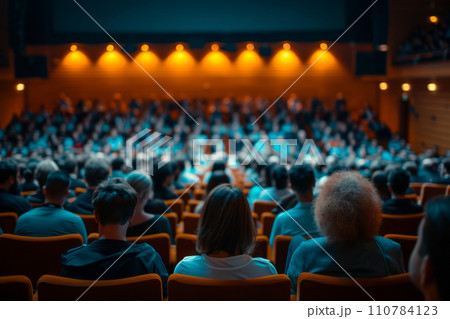 Rear view of unrecognizable people in audience at the conference hall. Generative AI 110784123