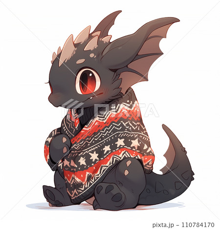 Cute Christmas black dragon in anime style on white background 110784170