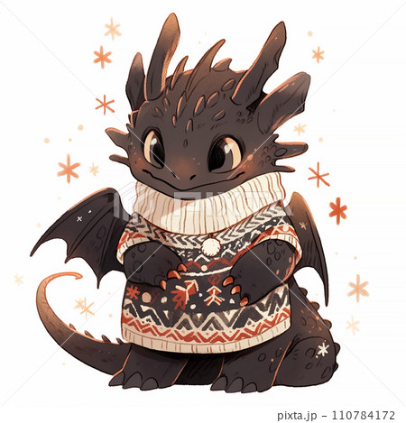 Cute Christmas black dragon in anime style on white background 110784172