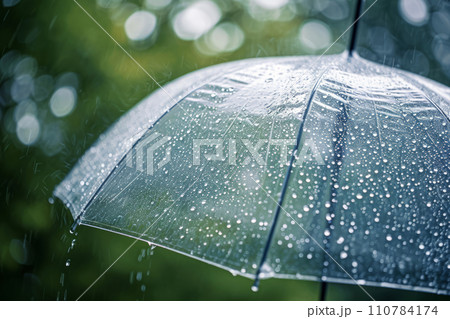 Closeup on transparent umbrella in heavy rain. Generative AI 110784174