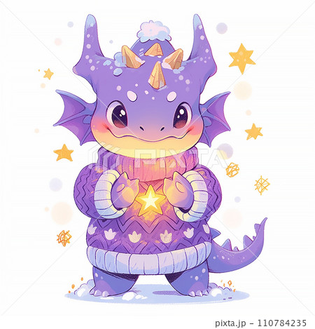Cute Christmas purple dragon in anime style on white background 110784235