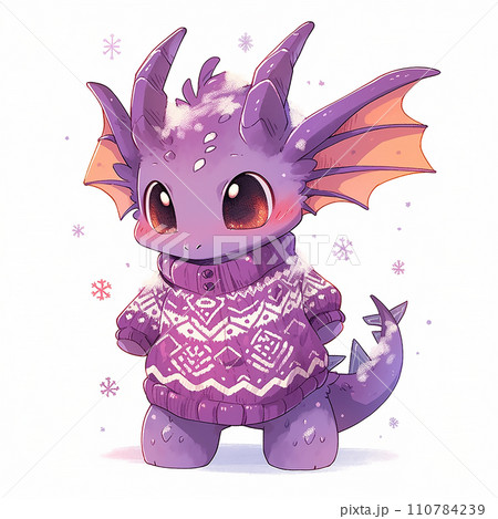 Cute Christmas purple dragon in anime style on white background 110784239