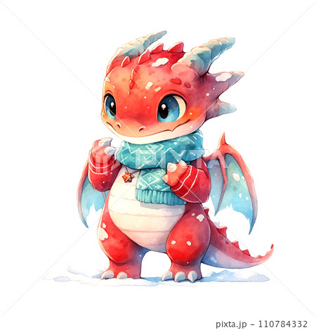 Cute Christmas red dragon watercolor style on white background 110784332