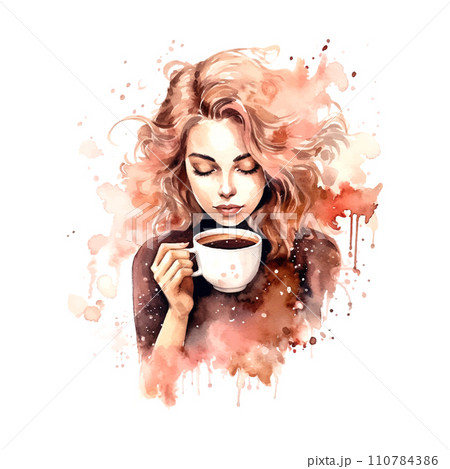 Girl with coffee in watercolor style on white background 110784386