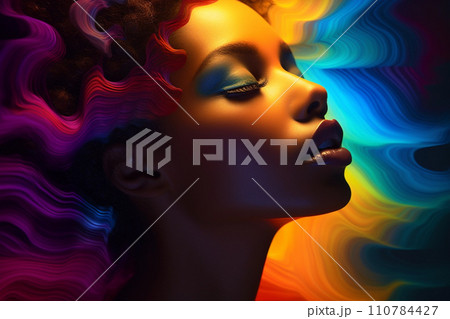 Black beautiful young woman portrait with digital holografic effect 110784427