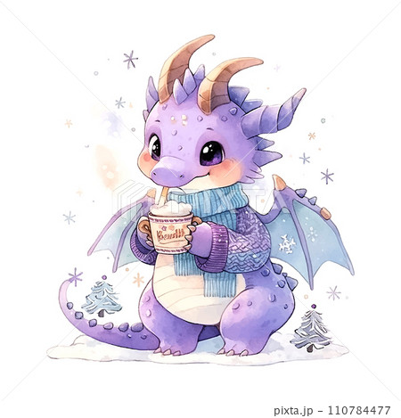 Cute Christmas purple dragon in watercolor style on white background Cute Christmas purple dragon in watercolor style on white background 110784477