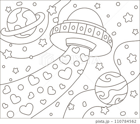 Space love themed coloring page for kids with cute spaceship with heart shapes 110784562
