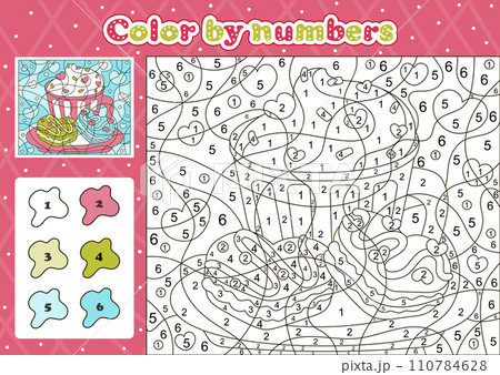 Food and drinks themed coloring page by number for kids with cute mug with latte and macarons Food and drinks themed coloring page by number for kids with cute mug with latte and macarons 110784628