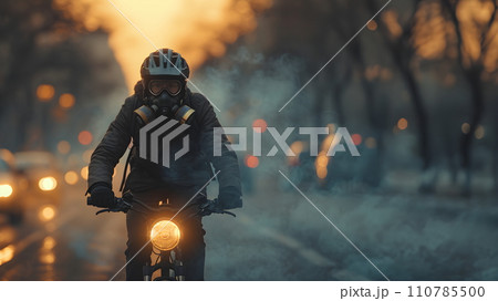 Man on a motorcycle wears gas mask in a smoke-filled city. It conveys health and environmental concerns in society that has problems with air pollution where toxic released from industrial activities. 110785500