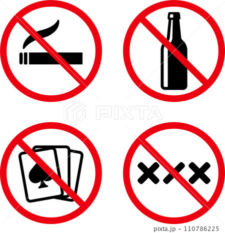No smoking, alcohol, gambling prohibition sign No smoking, alcohol, gambling prohibition sign 110786225