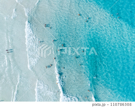 Aerial view on beach and people. Vacation and adventure. Europe, Mediterranean Sea. 110786308