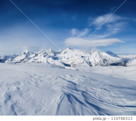 Winter mountain landscape. Wallpaper or background. Cold weather and frost. 110786313