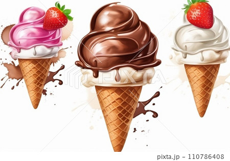 Chocolate, vanilla and strawberry Ice cream in the cone on white background with clipping path. 110786408