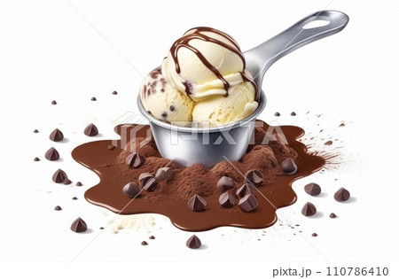 Chocolate chips vanilla ice cream on white background Chocolate chips vanilla ice cream on white background 110786410
