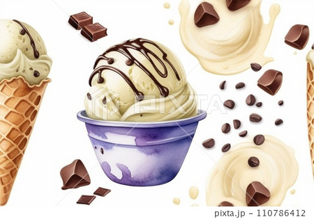 Chocolate chips vanilla ice cream on white background Chocolate chips vanilla ice cream on white background 110786412