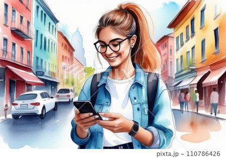 Young smiling woman university student holding cell phone using mobile apps technology on smartphone looking at cellphone texting in messengers writing messages 110786426