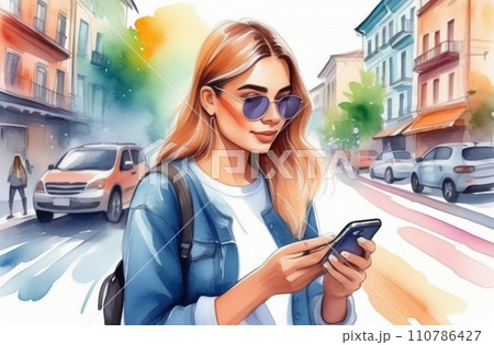 Young smiling woman university student holding cell phone using mobile apps technology on smartphone looking at cellphone texting in messengers writing messages 110786427