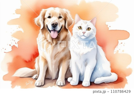 Happy sitting and panting Golden retriever dog and white cat looking at camera, Isolated on peach color background 110786429