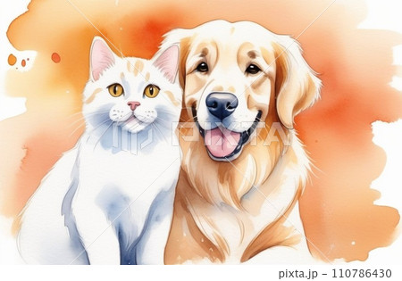 Happy sitting and panting Golden retriever dog and white cat looking at camera, Isolated on peach color background 110786430