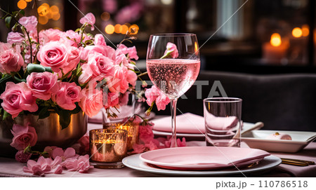 AI-generated content. Festive table setting with elegant wine glasses, beautiful pink roses. Romantic dinner for Valentine's Day, wedding 110786518