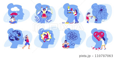 Self care. Mental health. Happy woman mind. Healthy people selfcare. Harmony and love. Confident positive girl. Broken heart treatment. Fight with fears. Vector psychology concepts set 110787063