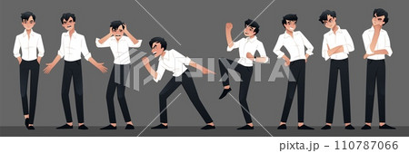 Business men. Happy and sad guy. Emotion expression. Poses and gestures. Disappointed superman. Angry male. Young salesman. Confident businessman. Joyful manager. Vector cartoon set 110787066