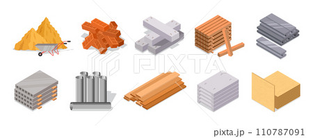 House materials. Building site. Brick blocks. Wood board and timber. Sand heap. Iron and cement pile. Metal pipe. Concrete for road repair. Industrial construction. Vector cartoon icons set 110787091