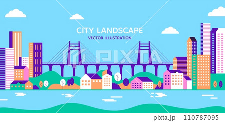 City buildings. Green town cityscape with skyline and urban trees, urban environment, river home and lake at park. Modern architecture. Midtown landscape. Day panorama. Vector flat background 110787095