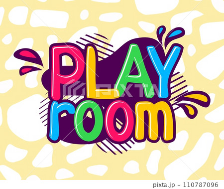 Play room logo. Kids zone lettering. Children entertainment area. Fun activity playground sticker. Colorful isolated badge with bright text. playroom sign. Vector cartoon flat illustration 110787096