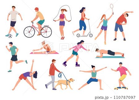 Workout exercises. People sport training. Woman practicing yoga. Soccer playing. Man on bicycle. Walk dog in park. Girl jumping rope. Badminton player. Healthy activities vector set Workout exercises. People sport training. Woman practicing yoga. Soccer playing. Man on bicycle. Walk dog in park. Girl jumping rope. Badminton player. Healthy activities vector set 110787097